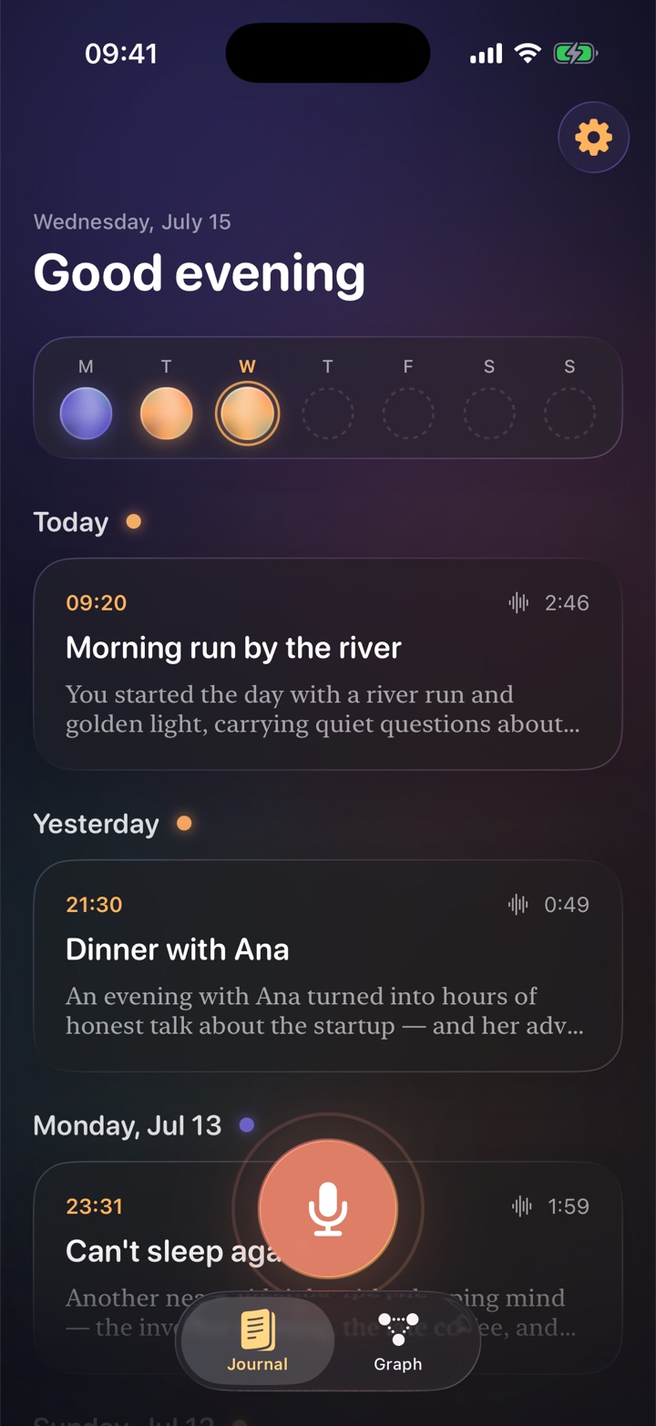 Echo journal: a week of colored mood orbs and diary entries titled Morning run by the river and Dinner with Ana